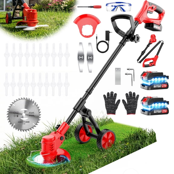 Tanbaby 6 inch Weed Eaters Cordless with Metal Wheels, 3-in-1 Battery Powered Grass Trimmer & String Trimmer/Edger Kit for Lawn Garden Pruning/Trimming