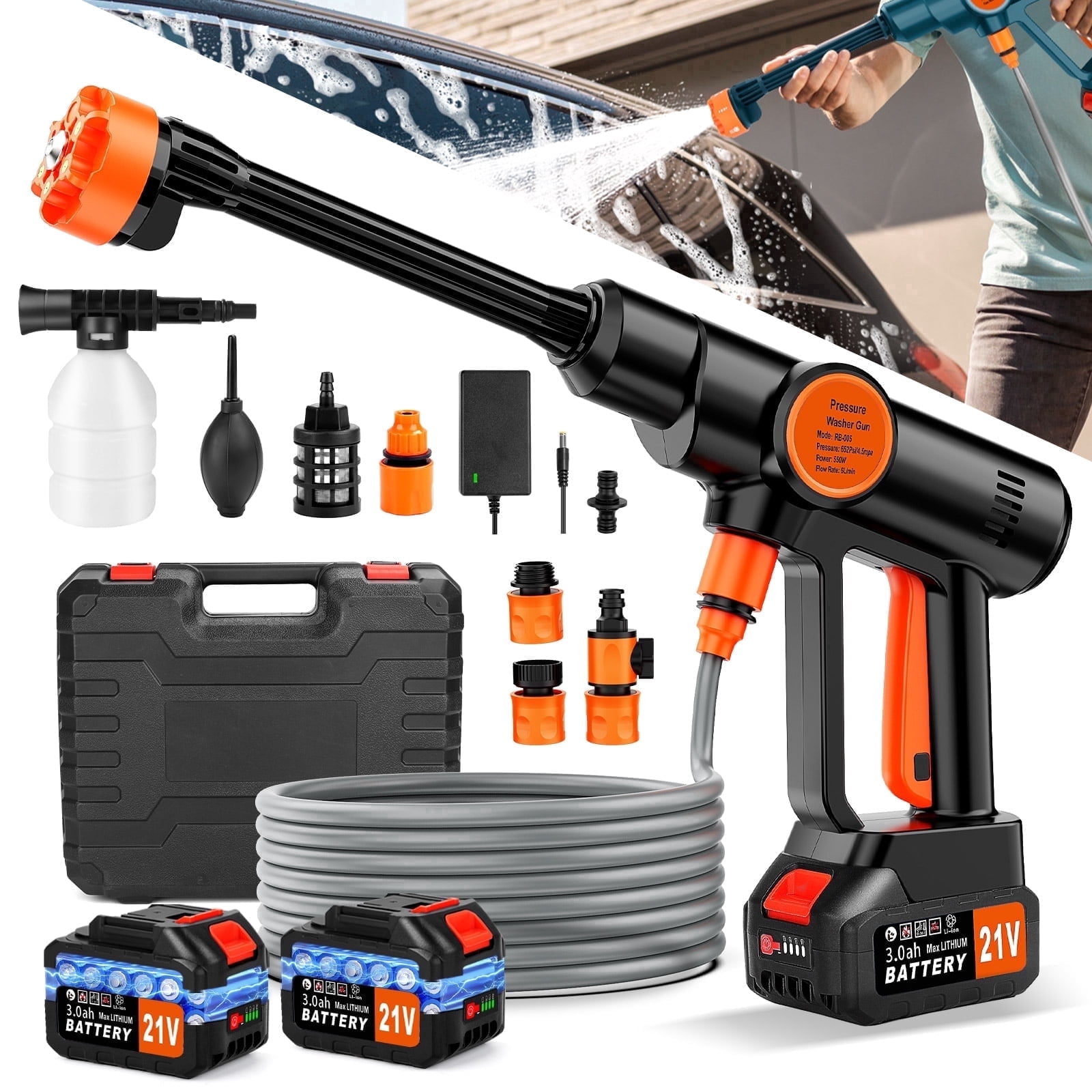 Tanbaby Cordless Pressure Washer, 970PSI Electric Power Washers, Water Pressure Machine with 6-in-1 Nozzle, 2.4GPM ,17FT Hose, for Cars Patio Floor