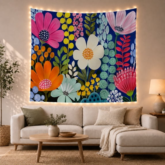 Dense Floral Arrangement Against Deep Navy Blue Background Whimsical Illustration for Art Lovers Modern Decor Wall Art Birthday Gift Tapestry Wall Hanging for Bedroom and Living Room