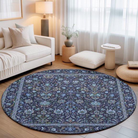 Dense Floral Fields 8' Round Rugs for Open Concept Living Room Seating Zone, Rustic Blue Blossom Vines Floral Border Washable Non Slip Mats Large Circle Lounge Area Area Rug