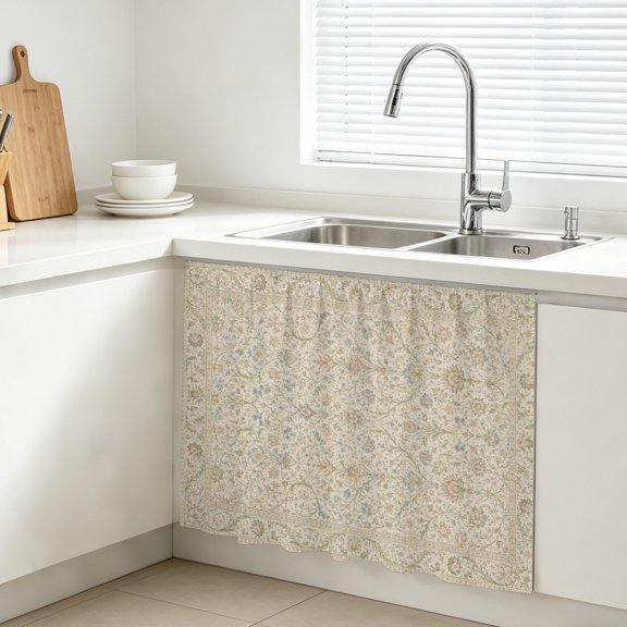 Dense Floral Fields Cabinet Curtains for Kitchen 10"W x 11"L, Rustic Beige Blossom Vines Floral Borders Under Sink Skirt Magic Tape Short Curtain Decorative Privacy Panel for Bathroom Laundry