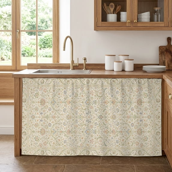 Dense Floral Fields Cabinet Curtains for Kitchen 32"W x 55"L, Rustic Beige Blossom Vines Floral Borders Pantry Curtain Skirt Magic Tape Short Curtains Decor Privacy Panel for Utility Closet Bathroom