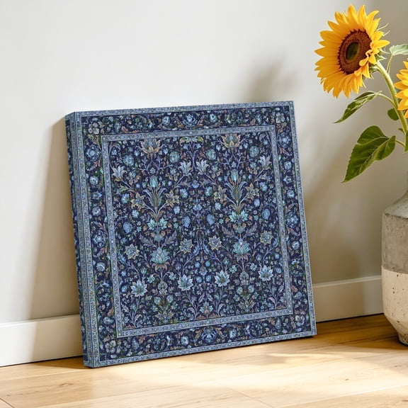 Dense Floral Fields Canvas Wall Art, Rustic Blue Blossom Vines Floral Border Pictures Wall Decor Wooden Framed Artwork Art Prints for Living Room Hallway Bedroom Office 8"x8"
