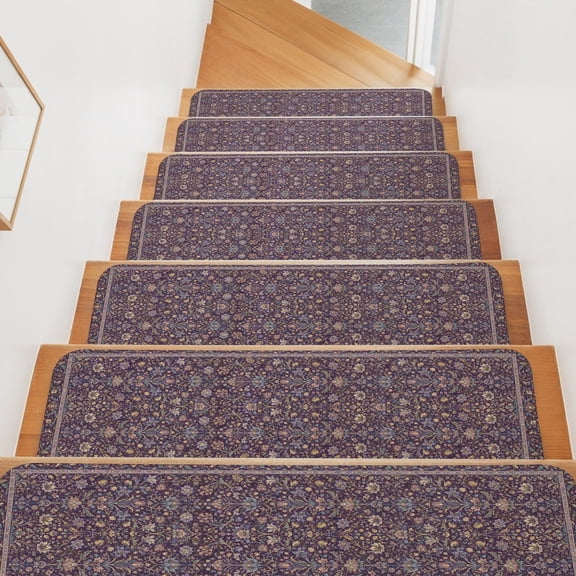 Dense Floral Fields Stair Treads Non Slip for Steps Rustic Purple Blossom Vines Floral Borders 7 Pcs Reusable Adhesive Stair Runner Mats for Dogs Elders Carpet Treads Rugs for Staircase 8x30 In
