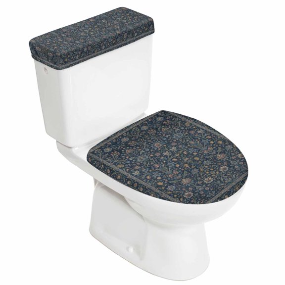 Dense Floral Fields Stretch Toilet Lid Cover and Toilet Tank Cover Set, Rustic Navy Blue Blossom Vines Floral Borders 2 Pack Elastic Bottom Bathroom Decor Toilets Covers, Machine Washable