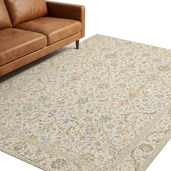 Dense Floral Fields Washable Area Rug 5 x 8 ft Rustic Beige Blossom Vines Floral Borders Soft Non‑Slip Rugs Stain Repellent Indoor Mats for Spacious Family Room, Long Dining‑Table, Sunroom