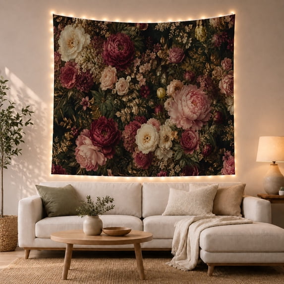 Dense Lush Peonies and Roses Against Dark Charcoal Background, Romantic Vintage for Flower Lovers, Classical Still Life Art, Valentine's Day Gift Tapestry Wall Hanging for Bedroom and Living Room