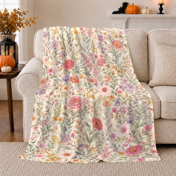 Dense Meadow Flowers With Delicate Leafy Stems, Cozy Flannel Blanket with Vintage Botanical Watercolor Print, Housewarming Gift for Botanical Garden Lovers, Home Decor for Bedroom and Living Room