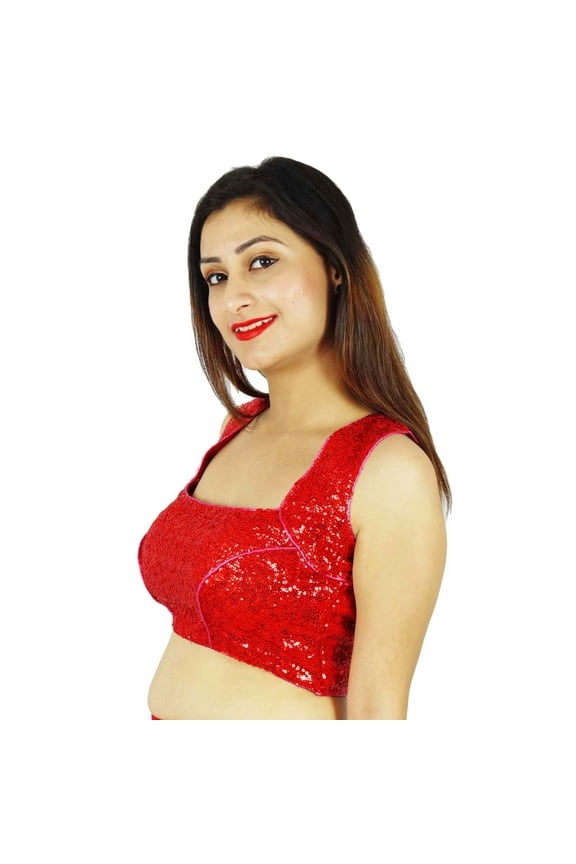 Dense Sequins Bollywood Choli Ready-Made Women Wear Red Blouse Crop-Top Ethnic