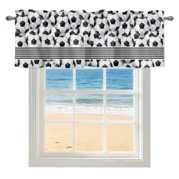 Dense Soccer Balls Kitchen Valances for Windows 54x18 Inch Kitchen Curtains Valances Rod Pocket Sport Footballs Black White Striped Bathroom Window Valances for Window Treatment Decor