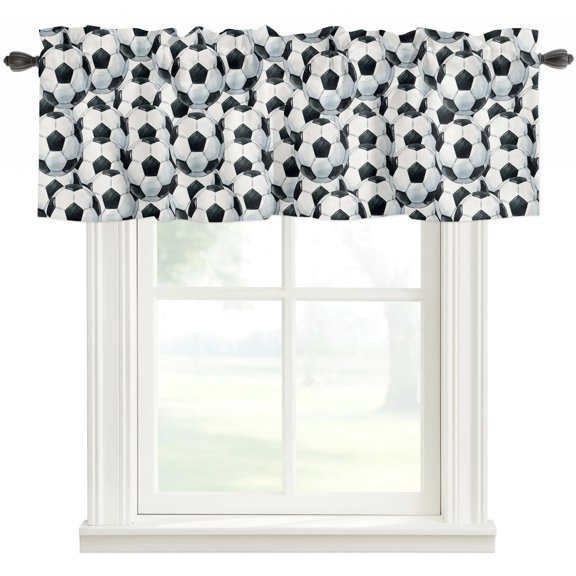 Dense Soccer Balls Valances for Windows Farmhouse Kitchen Curtains Valances Rod Pocket Valance Curtains for Kitchen Windows Black White Footballs Window Valances for Bathroom Bedroom 42"x12"
