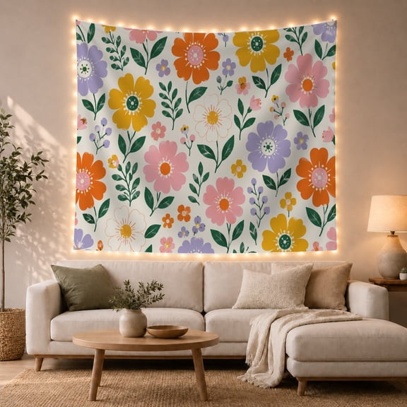 Dense Vibrant Floral Pattern on White Background, Nostalgic Retro for Flower Lovers, Boho Garden Wall Art, Housewarming Gift, Tapestry Wall Hanging for Living Room and Bedroom