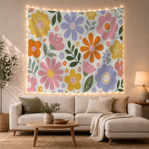 Densely Packed Multicolored Blooms on Off-White Background, Nostalgic Retro for Flower Lovers, Stylized Floral Wall Art, Birthday Gift, Tapestry Wall Hanging for Living Room and Dorm