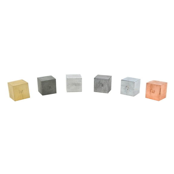 Density Cubes Set - Includes 6 Metals - Brass, Lead, Iron, Copper, Aluminum, Zinc - 0.8" (20mm) Sides - For use with Density, Specific Gravity Activities - Eisco Labs