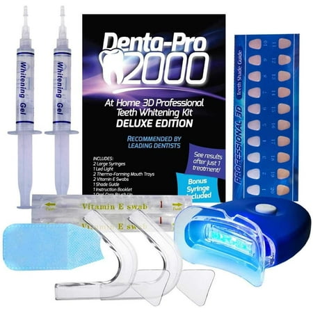 DentaPro 2000 3D Teeth Whitening Kit Deluxe Addition Includes LED Light, 2 5ml Gel Syringes, Custom Moldable Tray 2, Vitamin E Swab 2, Shade Guide See Results After Just One Use!