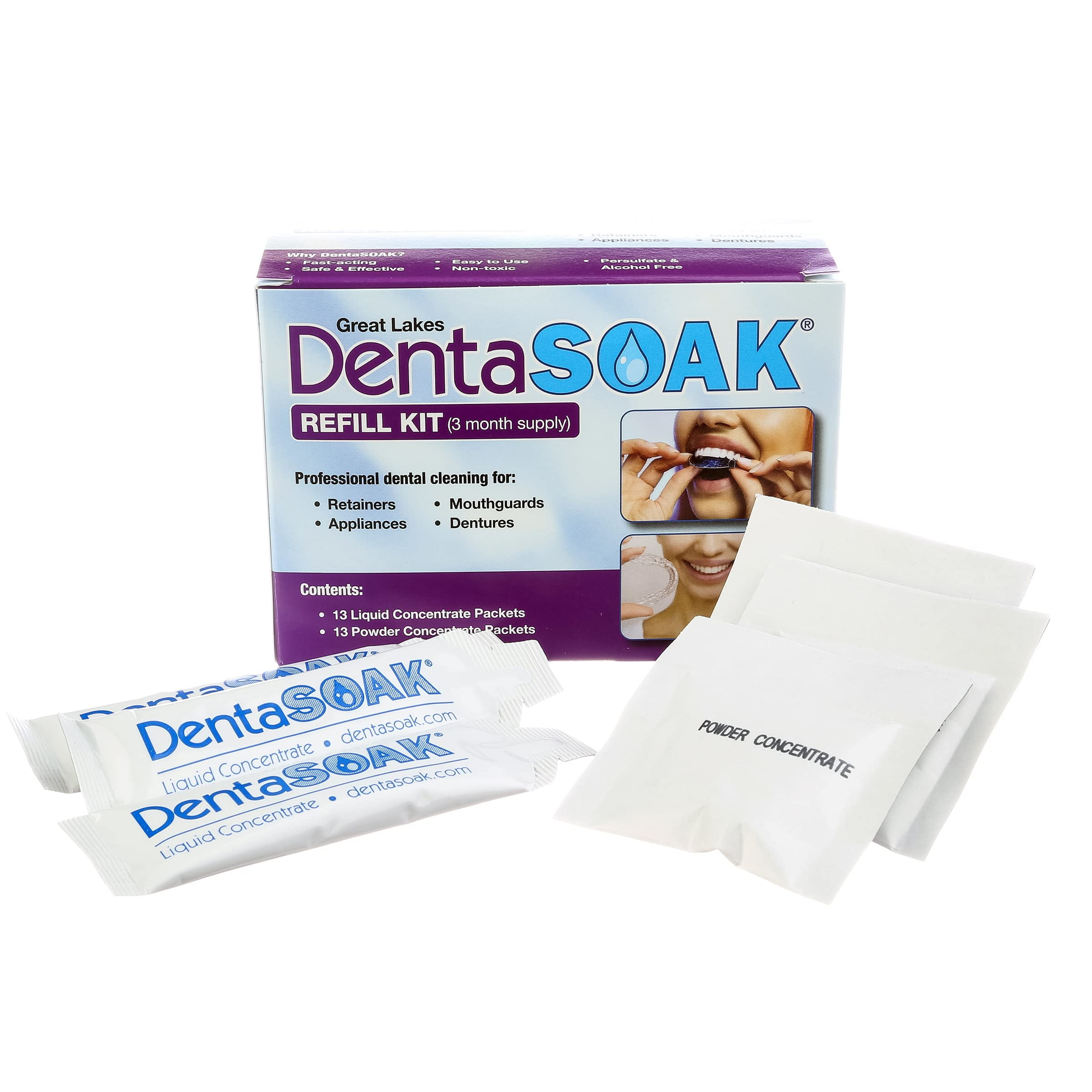 DentaSOAK Refill Kit - Mouthguard, Retainer, Denture, Appliance Cleaner  100% Safe  Non-Toxic, Persulfate Free, Gluten Free & Alcohol Free  3 Month Supply  Mint Scented