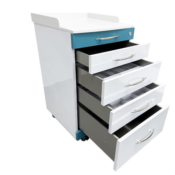Dental Assistant's Mobile Cart Lockable Medical Storage Cabinet with 4 Drawers and 2 Divider Trays