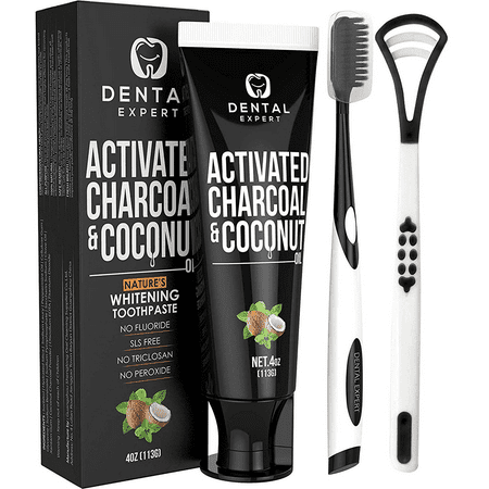 Dental Expert Activated Charcoal Teeth Whitening Toothpaste [Coconut Oil] Kids & Adults - Destroys Bad Breath - Best Natural Activated Vegan Black Tooth Paste Whitener