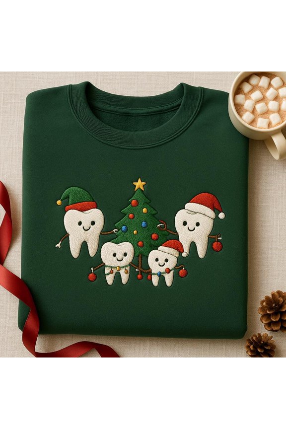 Dental Family Christmas Tree Embroidered Sweatshirt, Cute Tooth Holiday Sweater, Dental Team Gift, Dentist Xmas Jumper