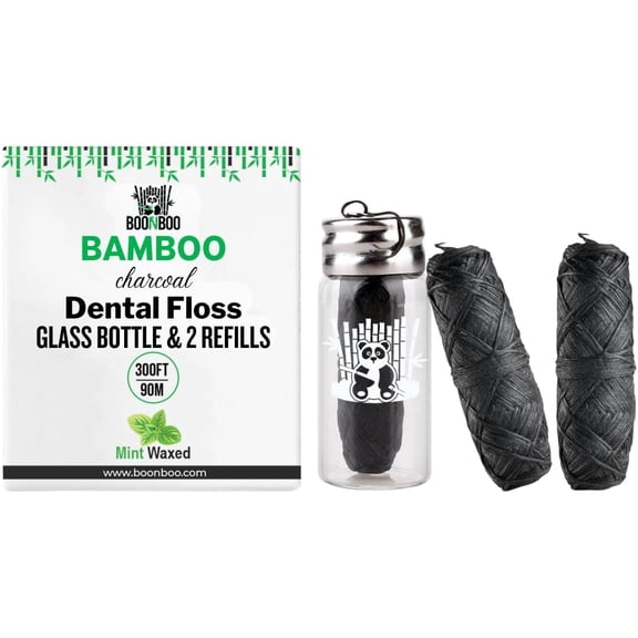 Dental Floss, Bamboo Charcoal Woven Threads, Refillable Glass Bottle, 3 Pieces, Mint