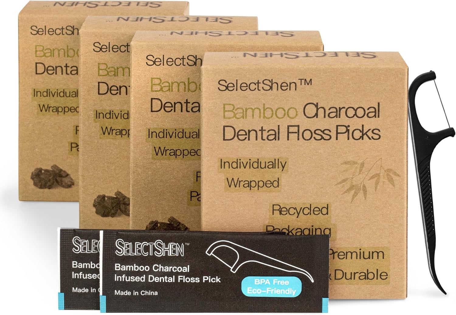 Dental Floss Picks-200 Count Individually Wrapped, Strong Charcoal Floss for Tight Teeth, Gum Health, Plaque Removal, Travel & Daily Oral Hygiene Friendly by General™