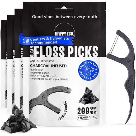 Dental Floss Picks (200pcs) - Flossers for Adults, Vegan Corn-Straw Handle, Superior Oral Care & Anti-Shred Thread, Dental Hygiene, Tooth Pick Sticks, Teeth & Health (Charcoal, Double Thread)