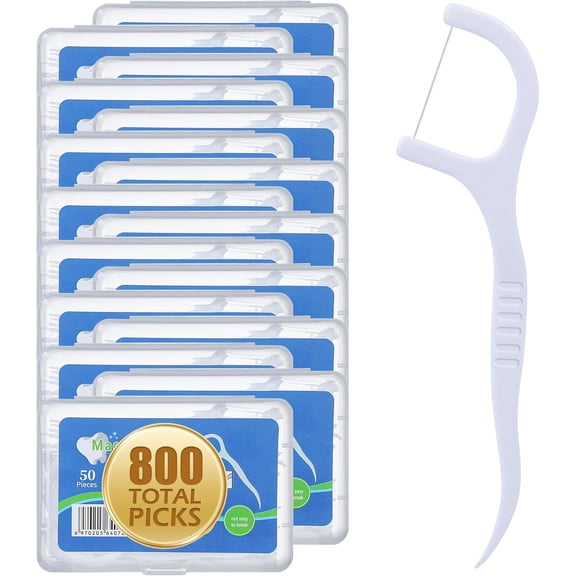 Dental Floss Picks, 800 Count Family Pack (50 per Portable Case) with Built-in Toothpick, Soft Handle & Wide Floss for Deep Cleaning Plaque Removal and Gum Protection for Adults