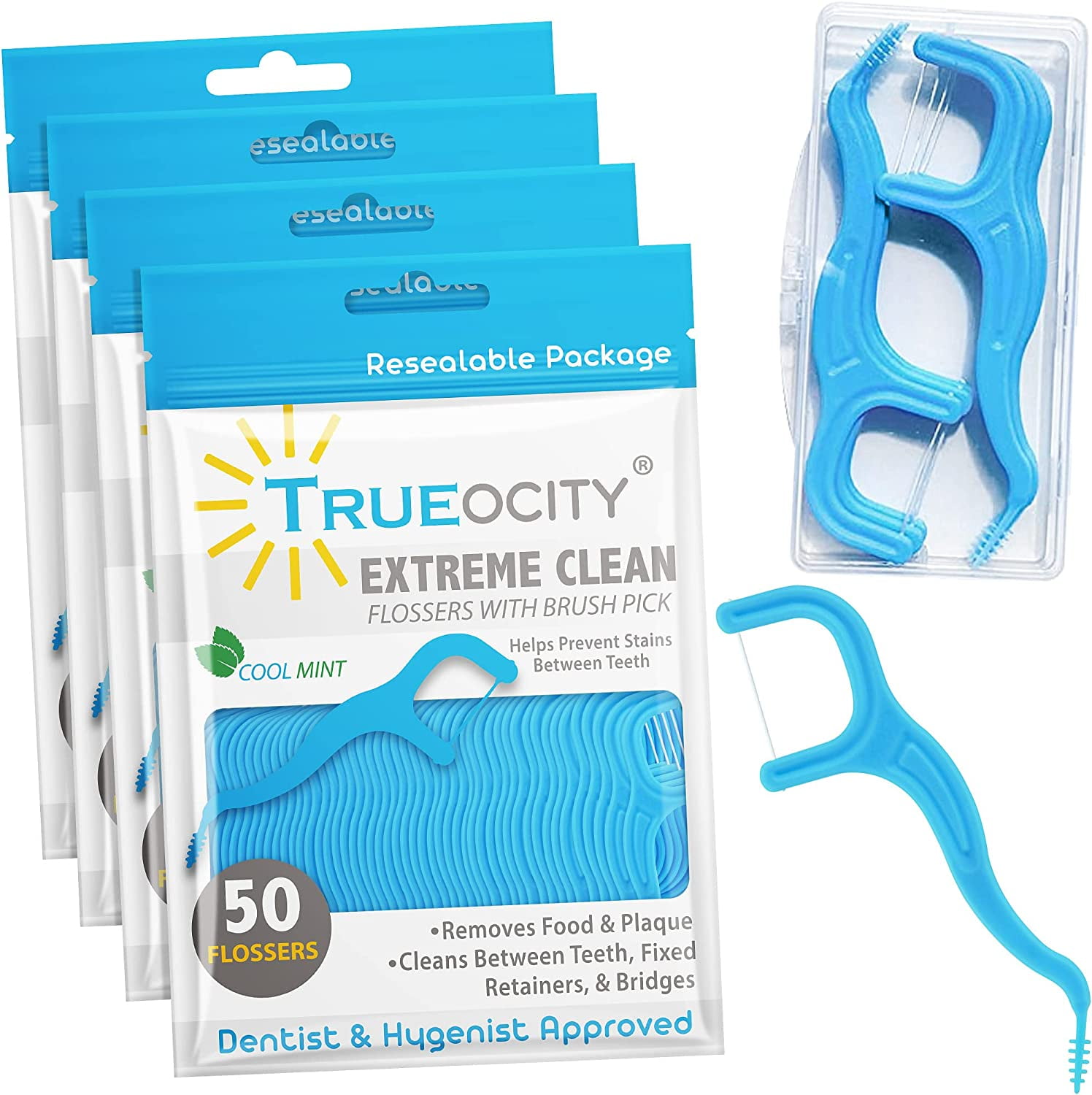 Dental Floss Picks for Adults with Brush Picks Mint Flavor 200 Count 4 Travel Cases Tooth flossers that Glide on Tight Teeth Sensitive Gums Teeth Easy Grip