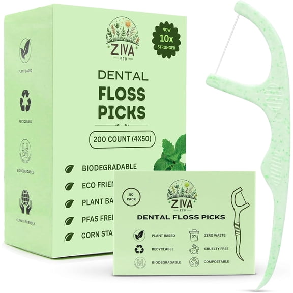 Dental Floss Picks  Biodegradable Mint, PFAS-Free & Plastic-Free | Shred-Resistant Thread | Unbreakable Corn-Starch Handle for Tight Teeth | 200 Count (4 Packs)