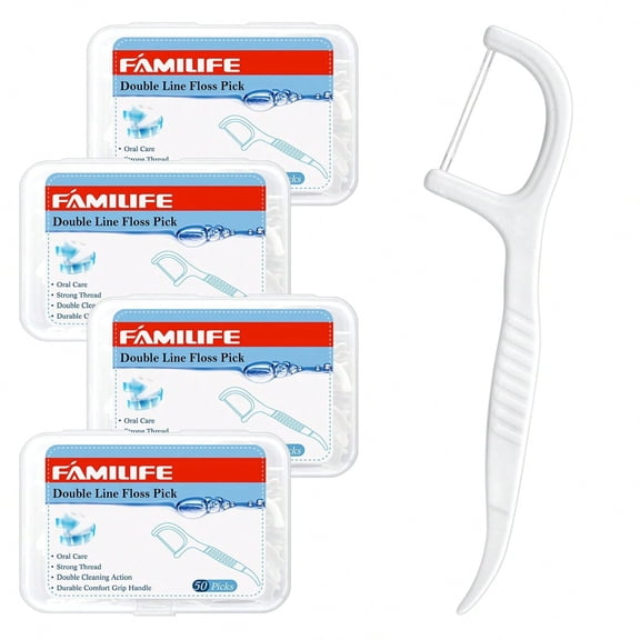 Dental Floss Picks, Double Line Flossers 200 Count, Unwaxed Flossing Thinner And Tougher Unflavored Threader Flosser With 4 Travel Cases