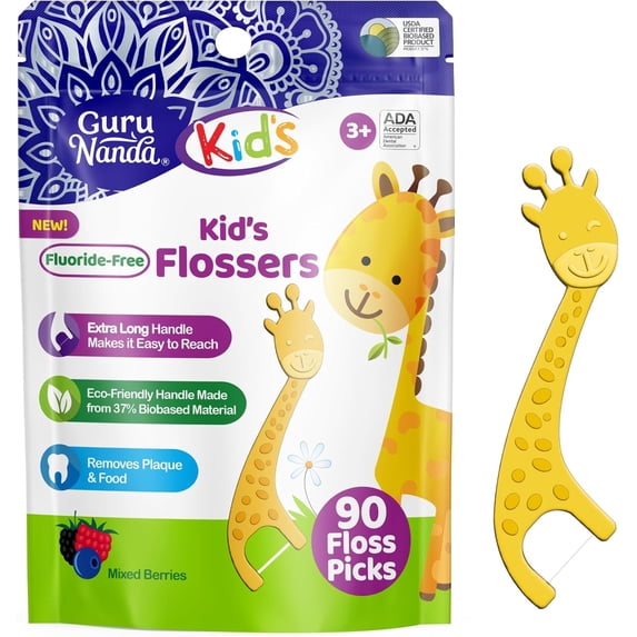 Dental Floss Picks for Kids, Extra-Long Giraffe-Shaped Picks, Fluoride-Free, Anti-Slip & Shred-Resistant Design Eco-Friendly Handle Berry Flavor, Ideal Ages 3+, 90 Count (Pack of 1)