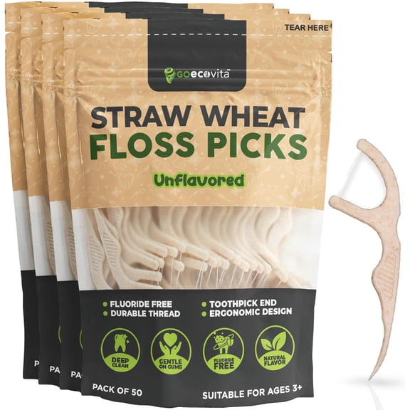 Dental Floss Picks - Straw Wheat Flossers | Thin & Shred-Resistant Thread for Tight Gaps Adults Gentle on Gums Teeth Gluten-Free Vegan (200 Pack Unflavored)