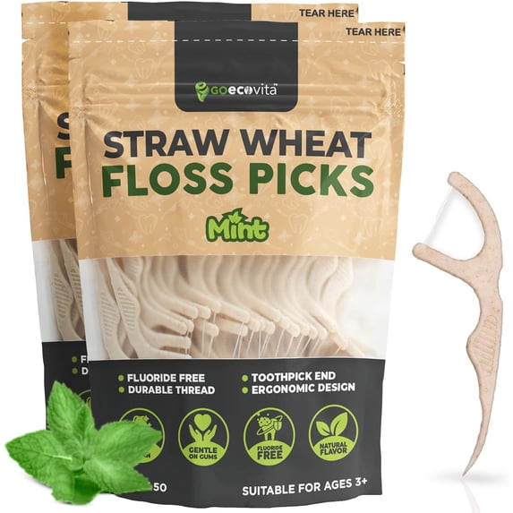 Dental Floss Picks - Straw Wheat Handle Flossers | Thin & Shred-Resistant Thread for Tight Gaps | Flossers for Adults | Gentle on Gums & Teeth | Gluten-Free & Vegan (100 Pack, Mint)