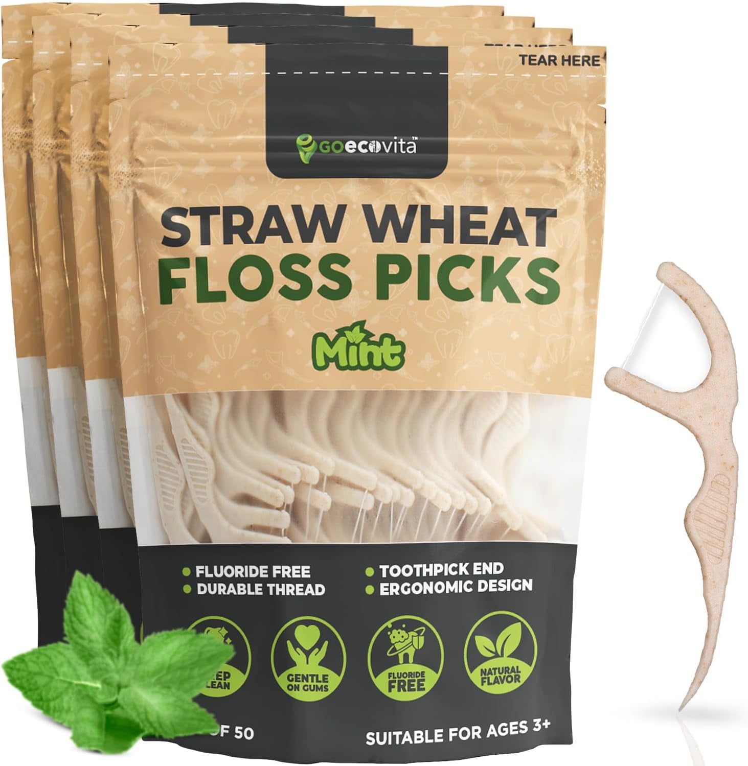 Dental Floss Picks - Straw Wheat Handle Flossers | Thin & Shred-Resistant Thread for Tight Gaps Adults Gentle on Gums Teeth Gluten-Free Vegan (200 Pack Mint)