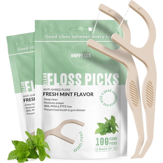 Dental Floss Picks for Teeth (100ct) - Single Thread Tooth Flossers Adults, Toothpicks Floss, Vegan Corn-Straw Handle, Shred-Resistant String Interdental Oral Care & Gum Health, Mint