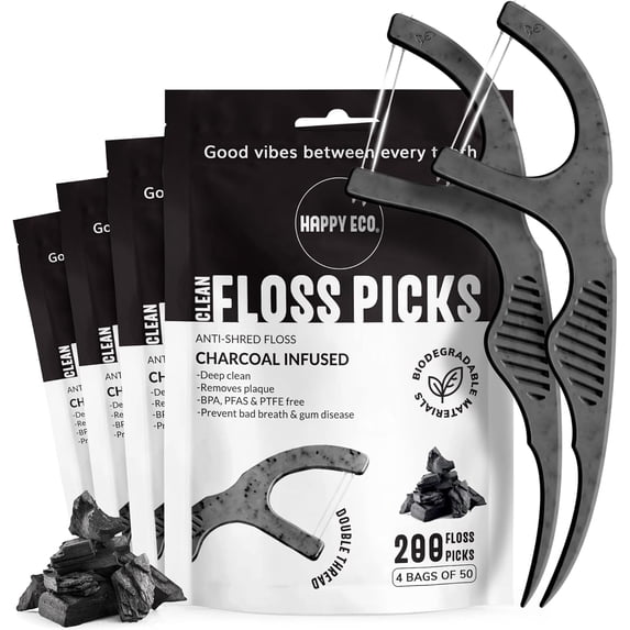 Dental Floss Picks for Teeth (200ct) - Double Thread Tooth Flossers Adults, Toothpicks Floss, Vegan Corn-Straw Handle, Shred-Resistant String Interdental Oral Care & Gum Health, Charcoal