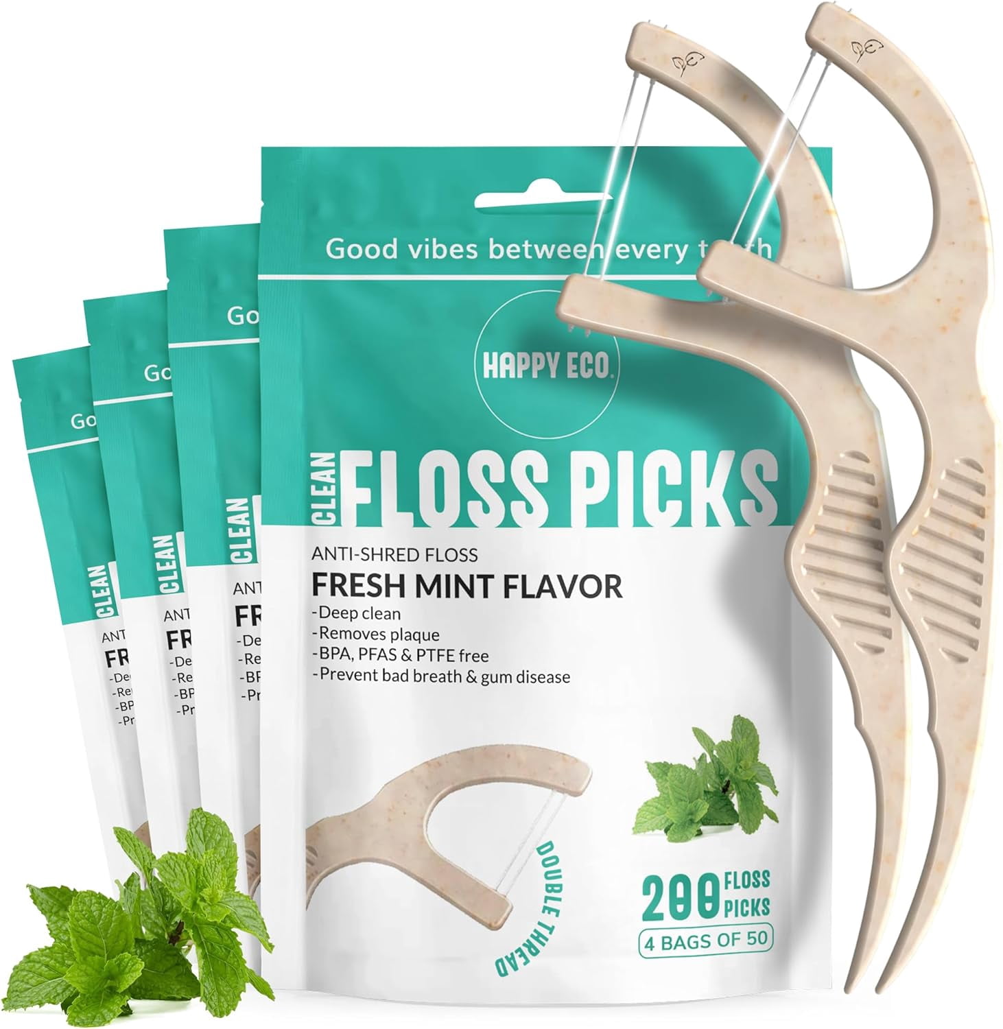Dental Floss Picks for Teeth (200ct) - Double Thread Tooth Picks Flossers for Adults, Toothpicks Floss, Vegan Corn-Straw Handle, Shred-Resistant String for Interdental Oral Care & Health, Mint