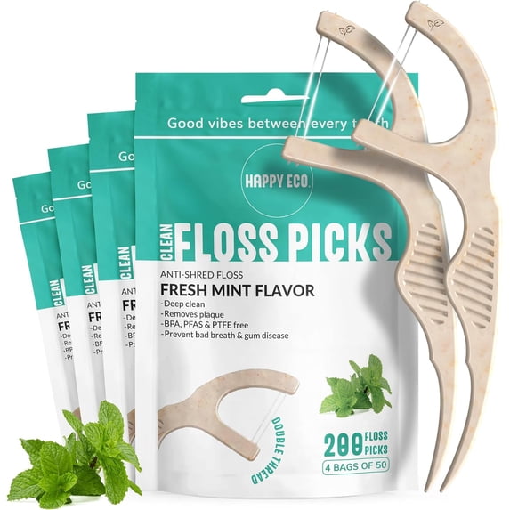 Dental Floss Picks for Teeth (200ct) - Double Thread Tooth Picks Flossers for Adults, Toothpicks Floss, Vegan Corn-Straw Handle, Shred-Resistant String for Interdental Oral Care & Health, Mint