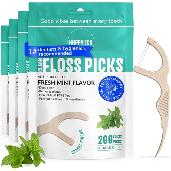 Dental Floss Picks for Teeth (200ct) - Double Thread Tooth Picks Flossers for Adults, Toothpicks Floss, Vegan Corn-Straw Handle, Shred-Resistant String for Interdental Oral Care & Health, Mint
