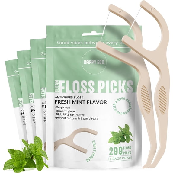 Dental Floss Picks for Teeth (200ct) - Single Thread Tooth Flossers Adults, Toothpicks Floss, Vegan Corn-Straw Handle, Shred-Resistant String Interdental Oral Care & Gum Health, Mint