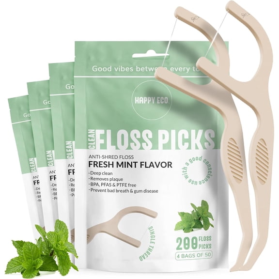Dental Floss Picks for Teeth (200ct) - Single Thread Tooth Flossers Adults Toothpicks Floss Vegan Corn-Straw Handle Shred-Resistant String Interdental Oral Care & Gum Health Mint
