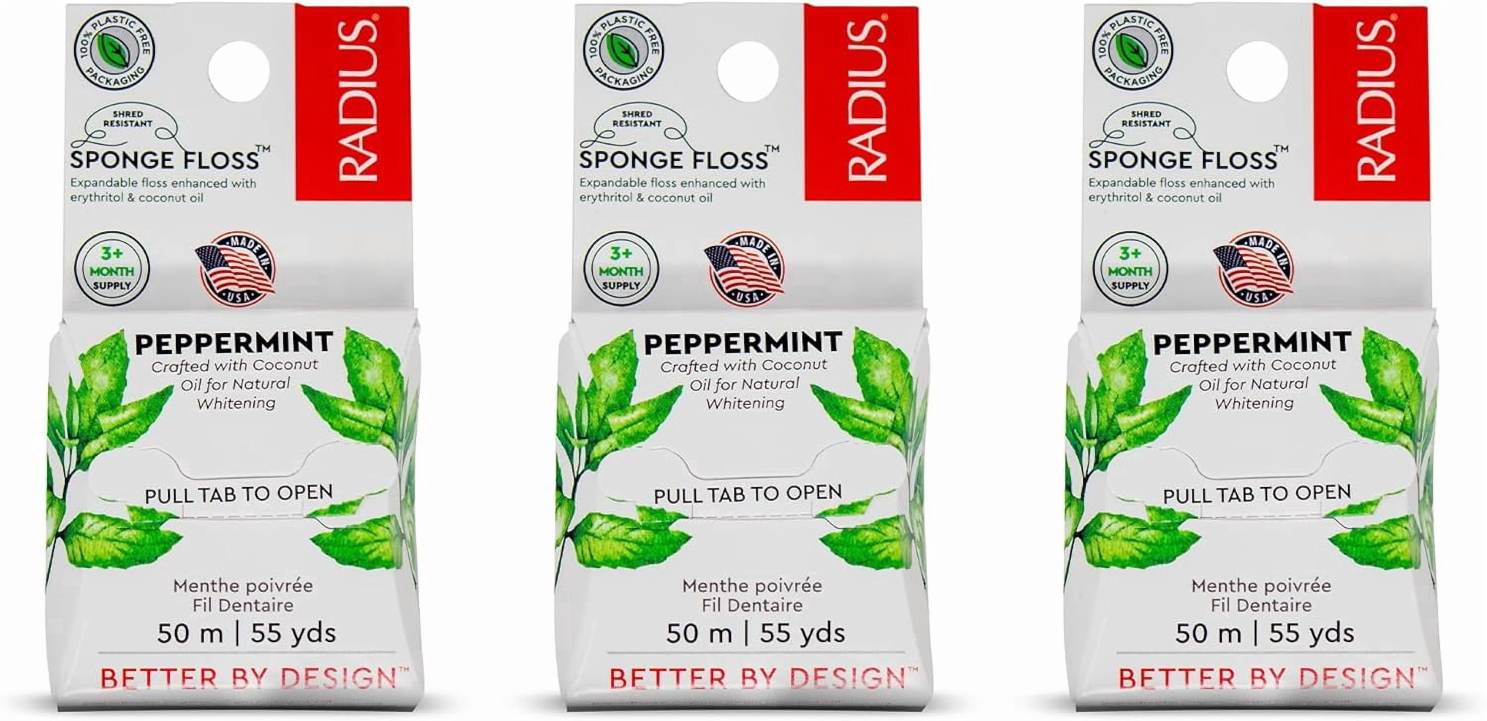 Dental Floss, Sponge Floss, Peppermint, 55 Yards, Vegan & Non-Toxic Oral Care Designed to Help Fight Plaque, Pack of 3