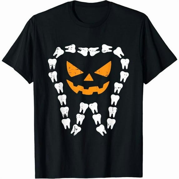 Dental - Fun Graphic Tee,Tops Has Bold “‘Tooth’ Text & Pumpkin Pattern” Design,Round Neck Regular Fit T - shirts, Size(S - 5XL)