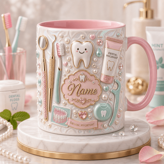 Dental Hygienist Custom Name Mug, Pink Accent Mug Personalized Gift