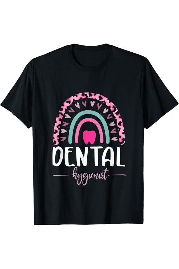 Dental Hygienist Leopard Rainbow Heart Cheetah Print Tooth T-Shirt