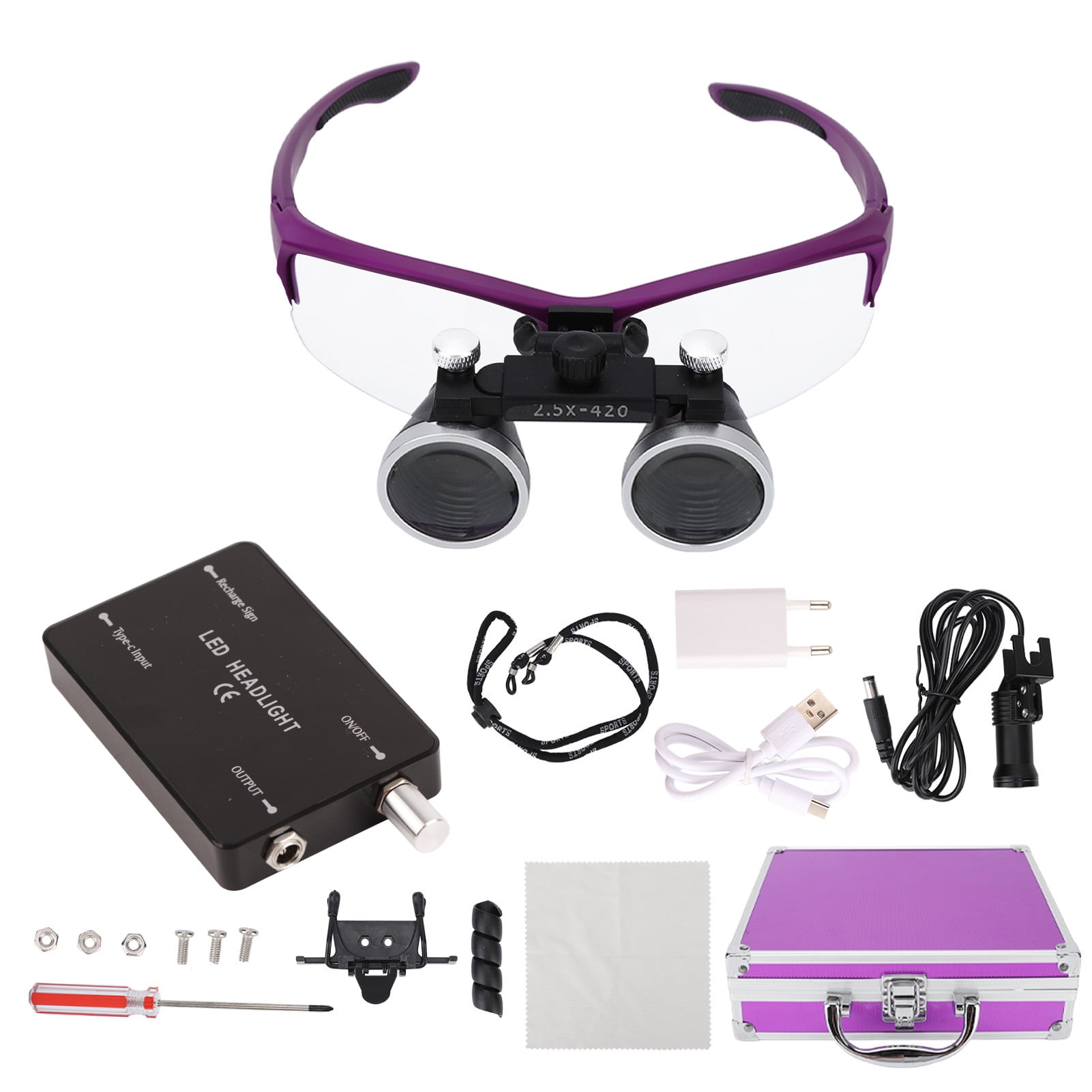 Dental Loupes Magnifying Glasses with LED Light 2.5X Headband Magnifying Glass 100?240V EU Plug
