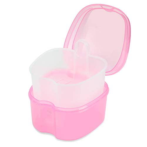 Dental Orthodontic Retainer Container Cleaning Case,Denture Bath Box Case Cup Holder,Mouthguard Storage Soaking Case - Pink