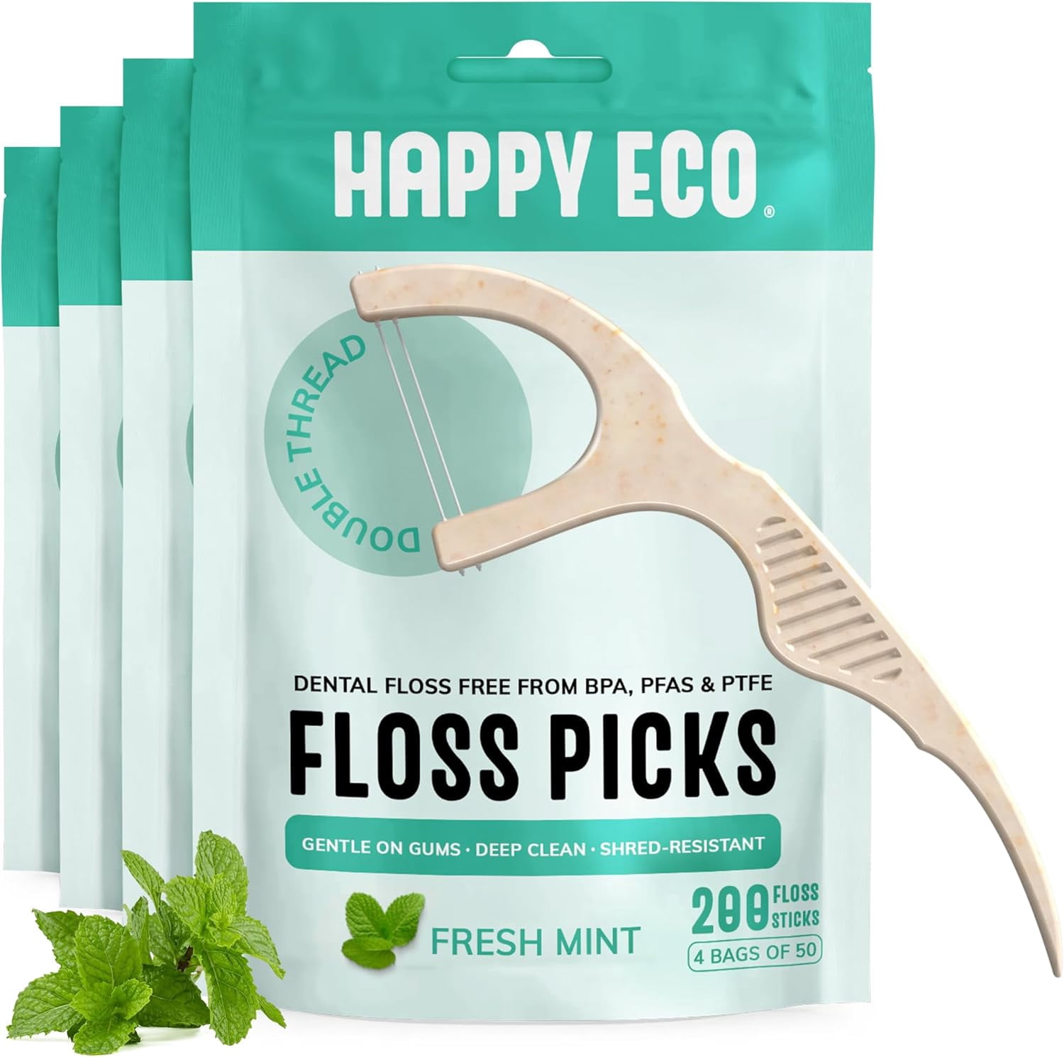 Dental Picks for Teeth (200ct) - Double Thread Tooth Picks ers for Adults, Toothpicks , Vegan Corn-Straw Handle, Shred-Resistant String for Interdental Oral Care & Health, Mint