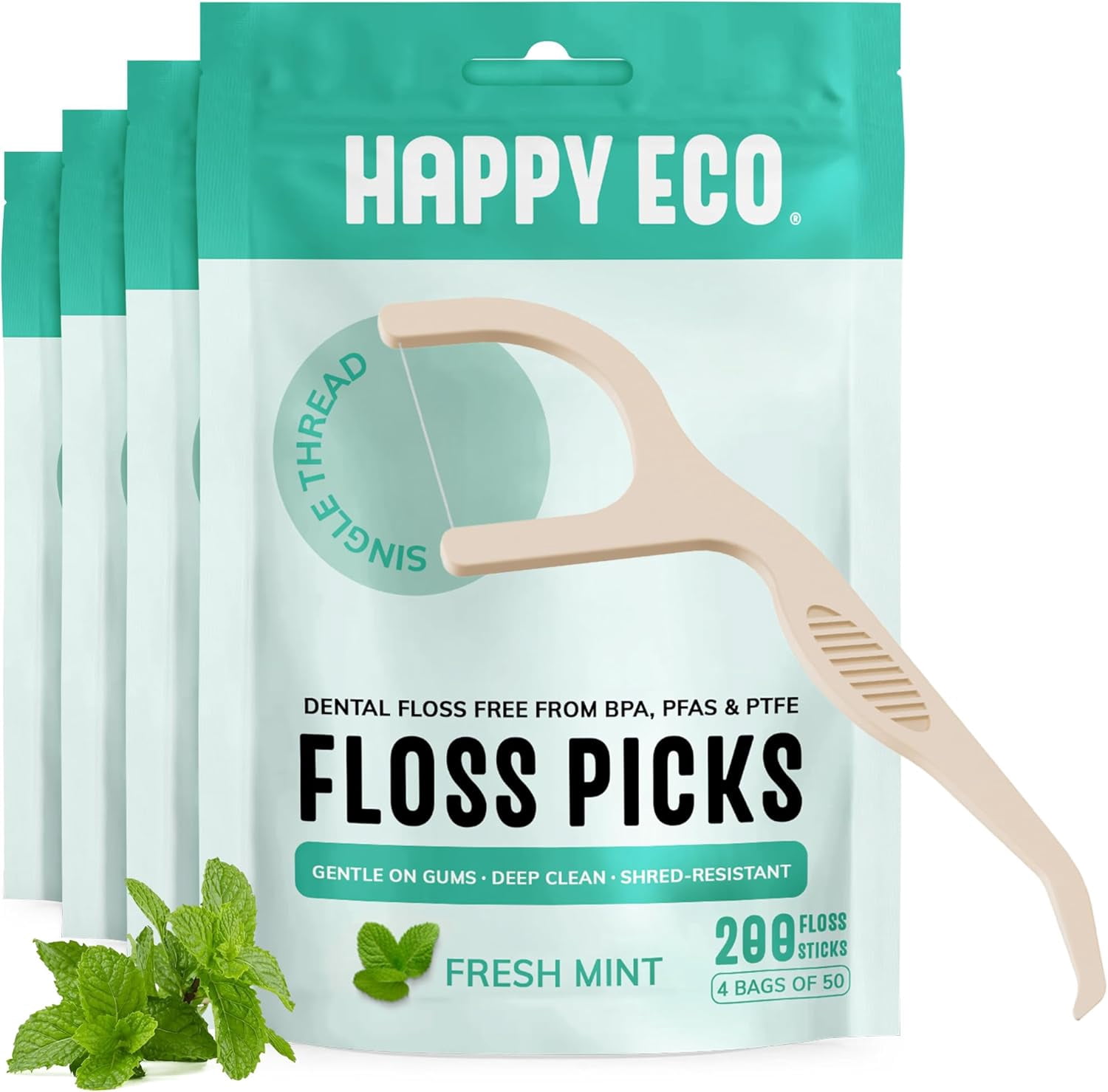 Dental Picks for Teeth (200ct) - Single Thread Tooth Picks ers for Adults, Toothpicks , Vegan Corn-Straw Handle, Shred-Resistant String for Interdental Oral Care & Health, Mint