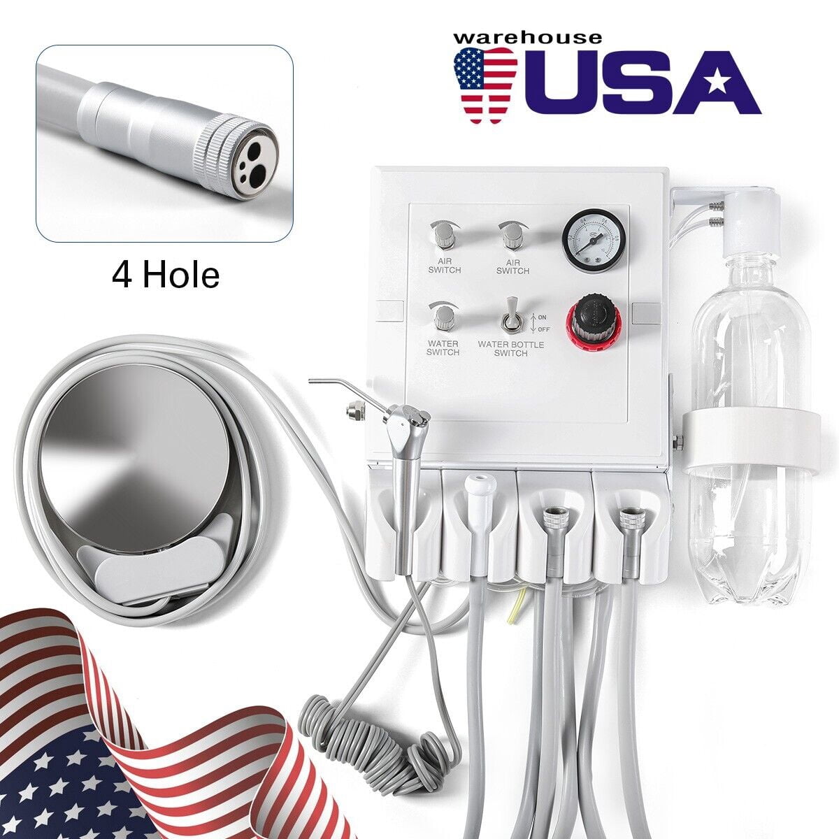 AZDENT Portable Dental Turbine Unit – 3 Way Syringe, Works With Air Compressor, High & Low Speed Handpiece
